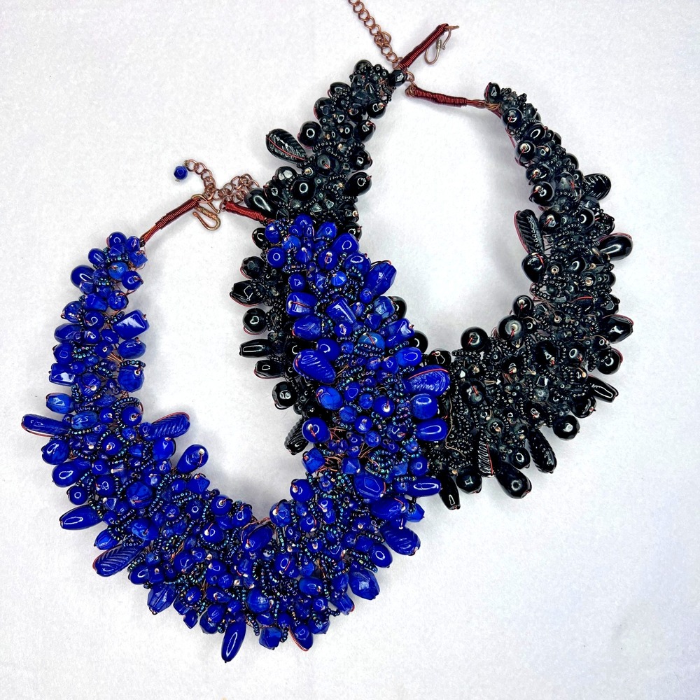 Lot 2 Handmade Wire Wrapped Bib Necklaces Blue & Black Glass Bead Cluster Boho